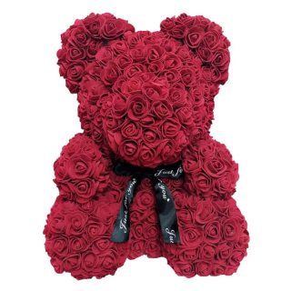 Medvedík z ruží 25 cm - tmavo červený - v darčekovom balení - MN9405
