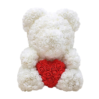 Medvedík z ruží so srdcom 25 cm - biely - MN9409