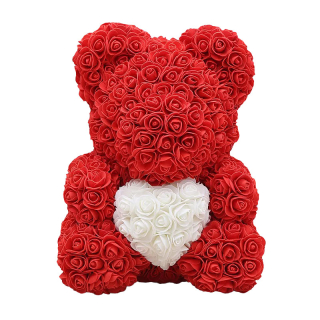 Medvedík z ruží so srdcom 25 cm - červený - MN9408