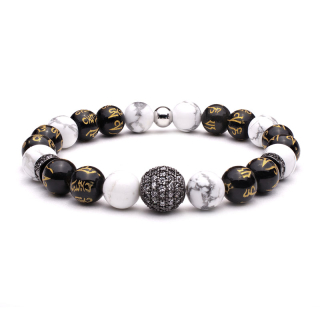 Minerálny náramok MAGIC BALL z howlitu a obsidiánu s mantrou MN1144