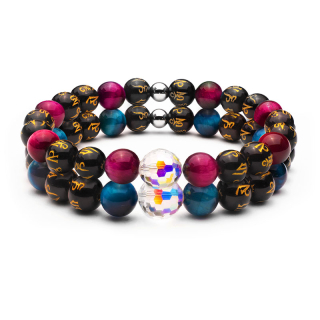 Náramky pre páry DISCO BALL Swarovski z tigrieho oka a obsidiánu s mantrou MN3069